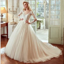 

חתונה עבור כלה Plus Size Long Sleeves Romantic Lace bridal Gown Train Vestido De Noiva Princes Bespoke Wedding Dresses