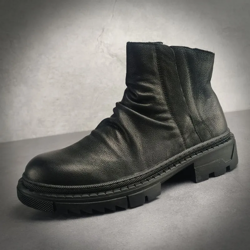 couro chelsea designer plissado retro motocicleta 2021 inverno velo botas curtas