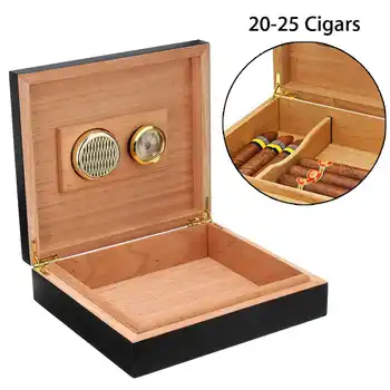 

20-25 Count Black Cedar Wood Lined Cigar Humidor Humidifier With Hygrometer Case Moisturizing Device Box with Moisture Meter