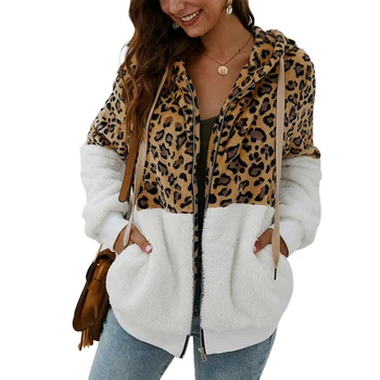 

Women Leopard Stitching Hodded Jacket Tops Winter Long Sleeve Jacket Coat -MX8