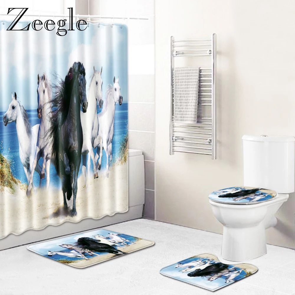 Bathroom Curtain 3D Horse Printed Waterproof Shower Curtain Anti-slip Toilet Cover Seat Mat Bathroom Doormat Absorbent Foot Mat