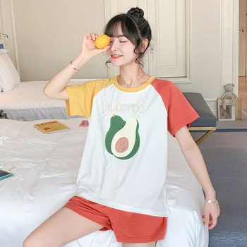 

Orange 2PCS O-Neck Top&Shorts Young Lady Pajamas Suit Cotton Loose Sleepwear Cute Fruit Print Nightwear Loose Home Wear M-XXL