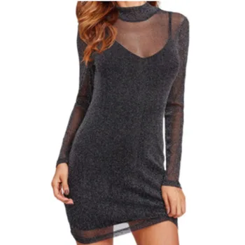 

Women's Deep V Sequined Long Sleeve Bodycon Party Cocktail Evening Mini Dress