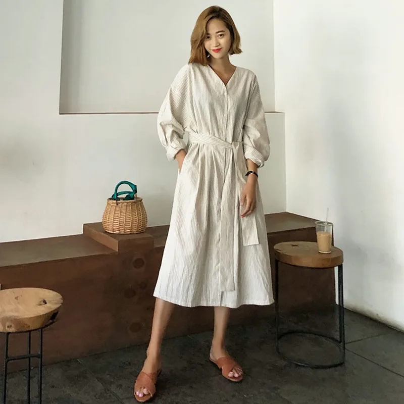

Striped Dress Women's Korean-style Loose And Plus-sized Lace-up over-the-Knee Skirt BF Casual Students Mid-length Shirt Dress Fa