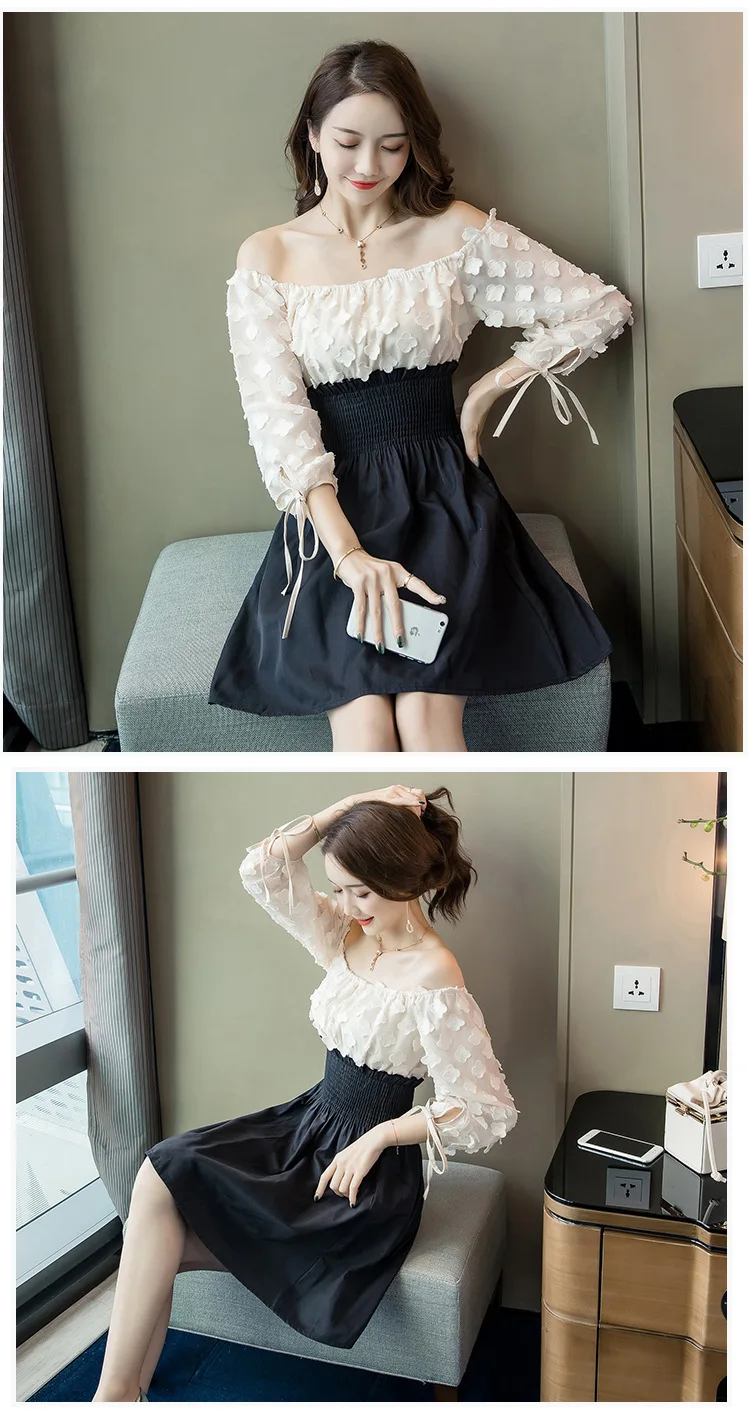 early autumn new ladies ladies temperament word collar slim dress Lace Three Quarter Patchwork