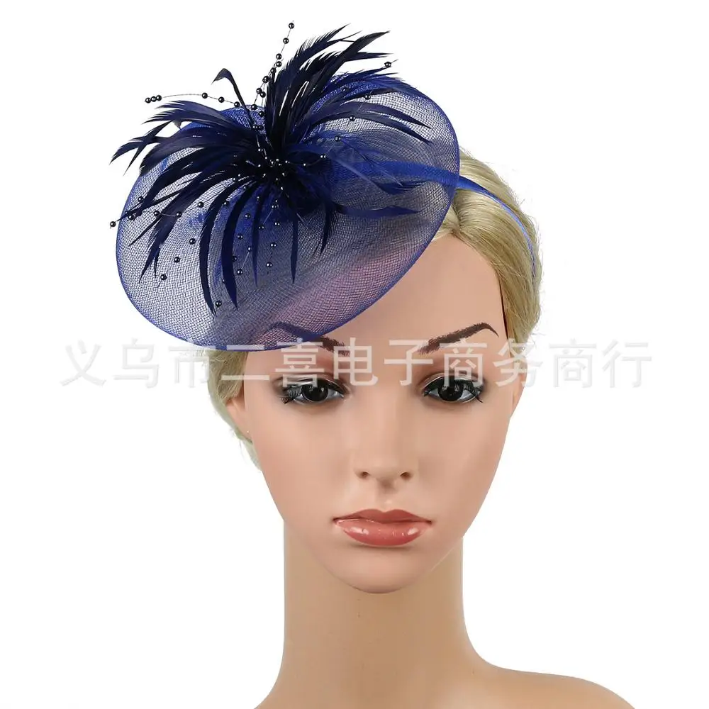 Navy Blue Свадебные шапки для женщин элегантные вечерние Шляпы невесты Тюль перья головной убор с лентой аксессуары de boda SQN045 - Цвет: Navy Blue