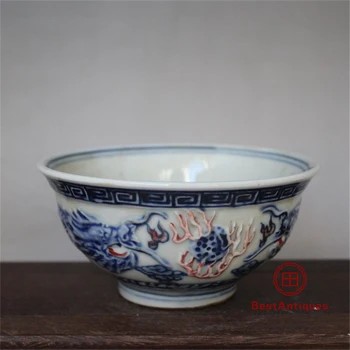 

Qing Qianlong Blue and White Glazed Red Dragon Tea Bowl Hand-made Antique Vase Decoration Retro Porcelain Collection Home Decor