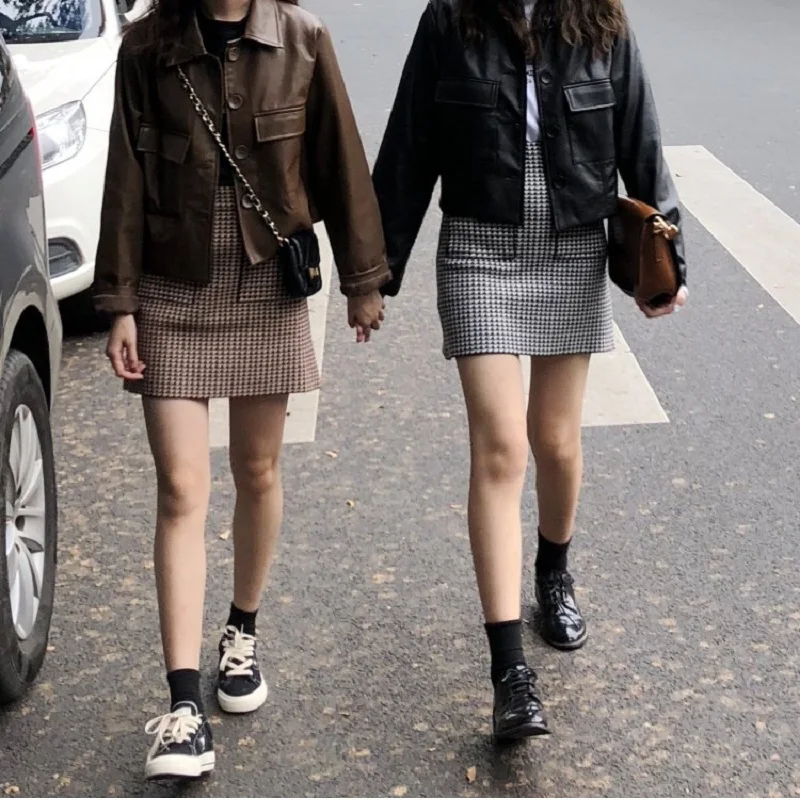 Осенняя Корейская шикарная Harajuku винтажная короткая простая кожаная куртка с отворотом Женская модная свободная однотонная Повседневная Женская куртка
