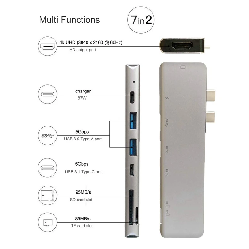 7 в 1 Thunderbolt3 USB 3,1 type C концентратор 4 к 60 Гц USB адаптер Поддержка 87 Вт Зарядка для MacBook Pro/tv