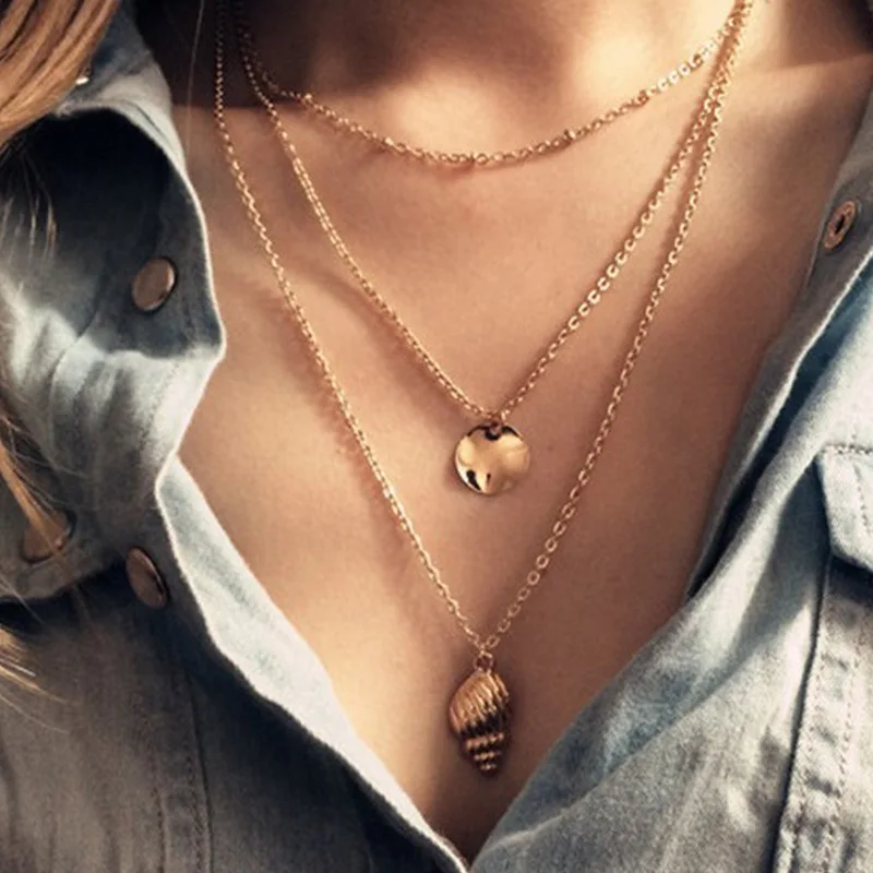 Jewelry Original single large-name multi-layer metal sequin item decoration alloy conch pendant copper bead chain necklace | Украшения и