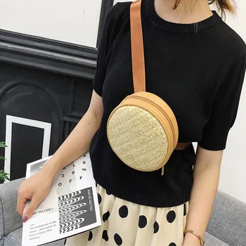 

2020 Summer New Small Fresh Korean Wild Fashion Simple Shoulder Messenger Handmade Straw Round Waist Bag for women