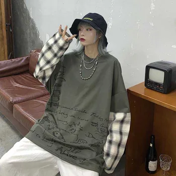 

NiceMix Korean Autumn Womens T Shirt Tops Long Sleeve Plaid Patchwork Tshirt Plus Size Shirts Hip Hop Oversized Streetwear Tees