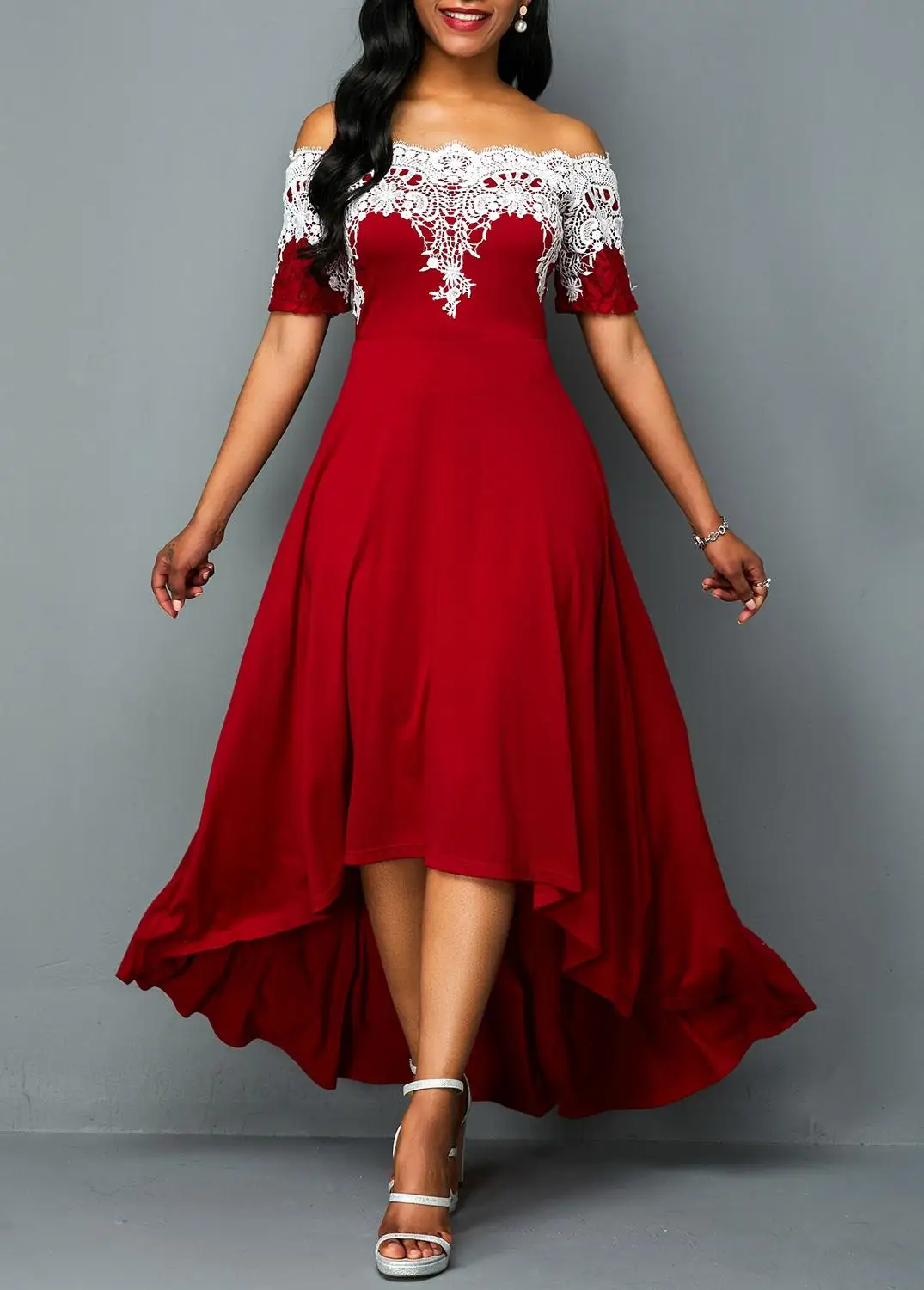 Сексуальное Женское Платье макси с открытыми плечами, женское платье большого размера с коротким рукавом и кружевным украшением, элегантное вечернее платье в стиле пэчворк - Цвет: Красный