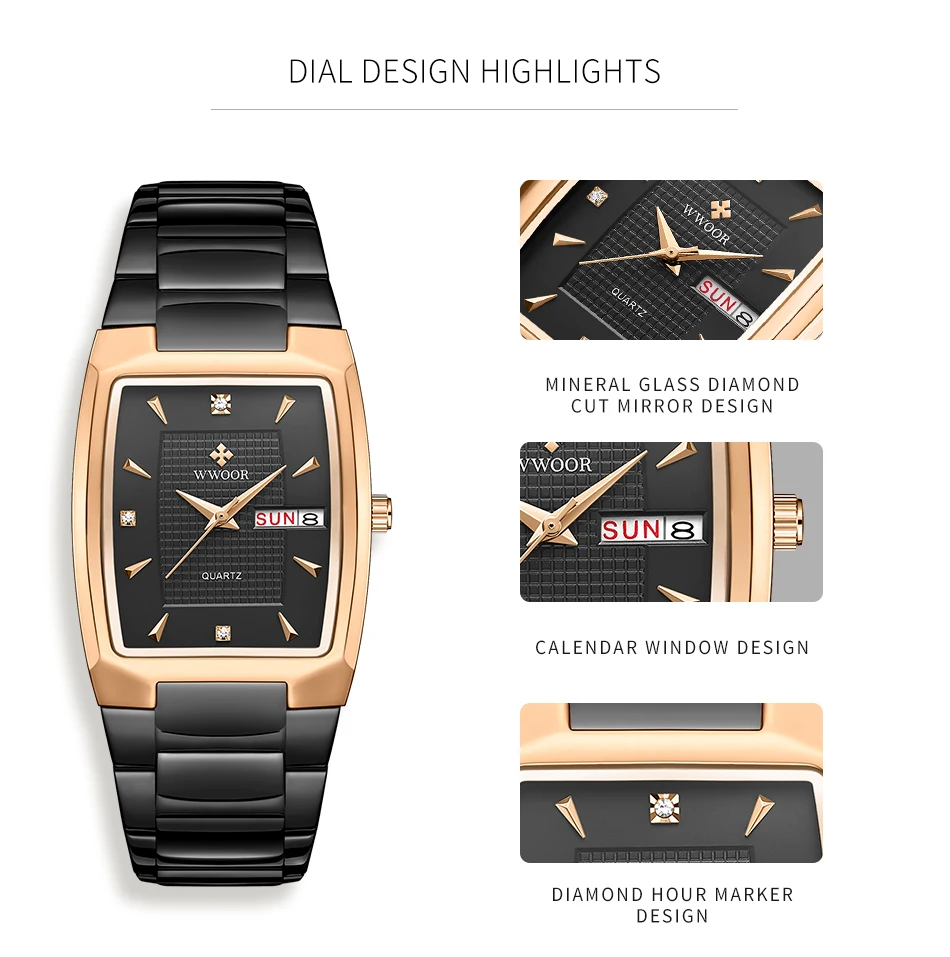 Watches Men WWOOR Brand Casual Simple Men's Quartz Clock Rose Gold Square Waterproof Week Display Wristwatches Relogio Masculino