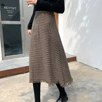 

Long Skirt Plaid High Waist Tassel Thick Woolen Autumn Winter Wear Fashion Casual Slim Elegent Korean 2020 New Retro Vintage