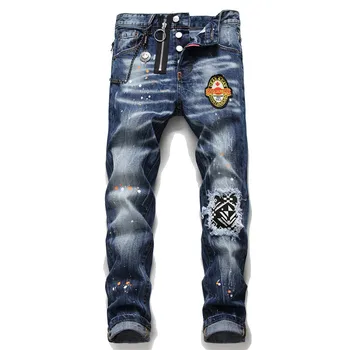 

Men's Slim Patch Stretch Jeans Blue Tight Beggar Pants Autumn and Winter New Tattered Splash Paint Badge Patchwork Slim Jeans