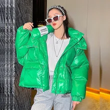 

2021 Winter Letter Print Hooded Short Women Glossy Puffer Jacket Drawstring Waist Big Pocket White Duck Down Coat Female Parkas