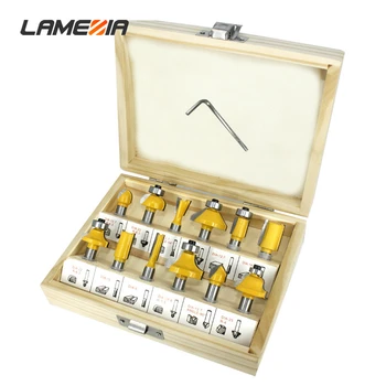 

LAMEZIA 12pcs/set 8mm Handle Woodworking Milling Cutter Set Edge Trimming Chamfer Knife Machine Drilling Bit Kit