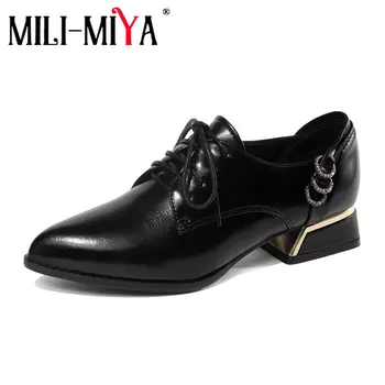 

MILI-MIYA New Fashion Sexy Pointed Toe Crystal Metal Thick High Heels Pumps Lace Up Genuine Cow Leather Women Office Single Shoe