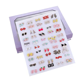 

50 Pairs/Set Random Cute Insect Fruit Animal Stud Earrings For Women Kids Jewelry Fashion Crystal Pearl Enamel Earring Set Mix