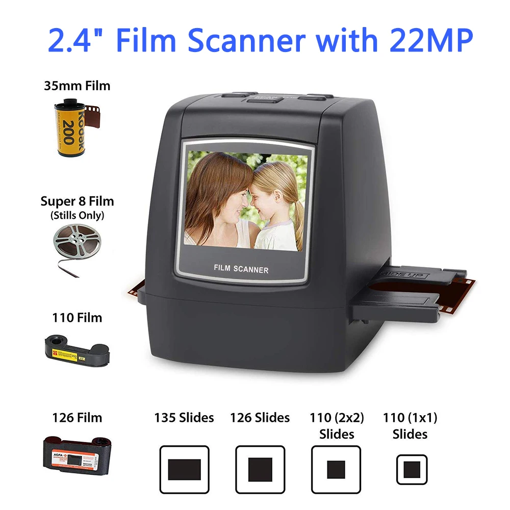 Film Scanner with 22MP Converts 126KPK/135/110/Super 8 Films Slides Film Converter Photo Digital Image Viewer with 2.4" LC