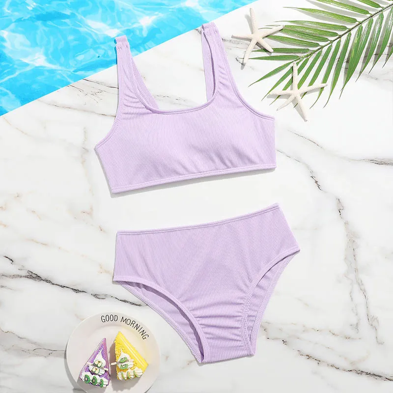 Solid Girl Swimsuit Kids Ribbed High Waist Bikini Set Two Piece Children's Swimwear Padded Girls Bathing Suit Beachwear Biquini