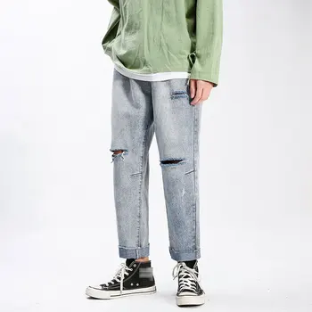 

Spring And Summer New Ripped Jeans Men Loose Washed Light Casual Straight Nine-point Pants Male Vintage Jeans Dropshipping