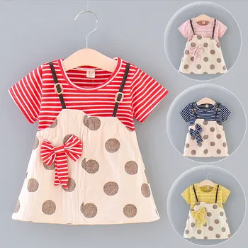 

Girls Dress платье для девочки Summer Fashion Stripe Dot Stripe Print Tops Bow Mesh Patchwork Princess Dress Outfits Free Ship
