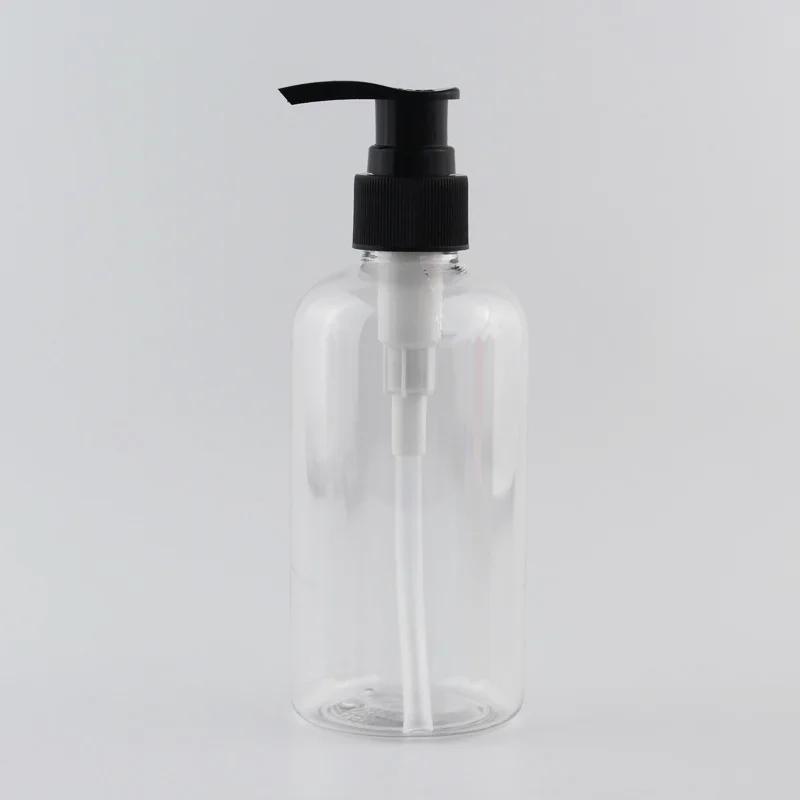 Clear Bottle Black Высококачественные многоразовые пластиковые контейнеры с белым прозрачным черным дозатором для лосьона 220 мл 220cc круглые ПЭТ бутылки для шампуня 12 шт - Цвет: Clear Bottle Black