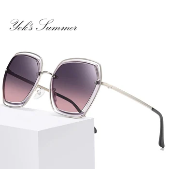 

YOK'S Women Polygon Polarized Sunglasses Brand Hollow Metal Rimless Frame Eyewear Gradient Beige Brown Shades Gafas Femme WN1379