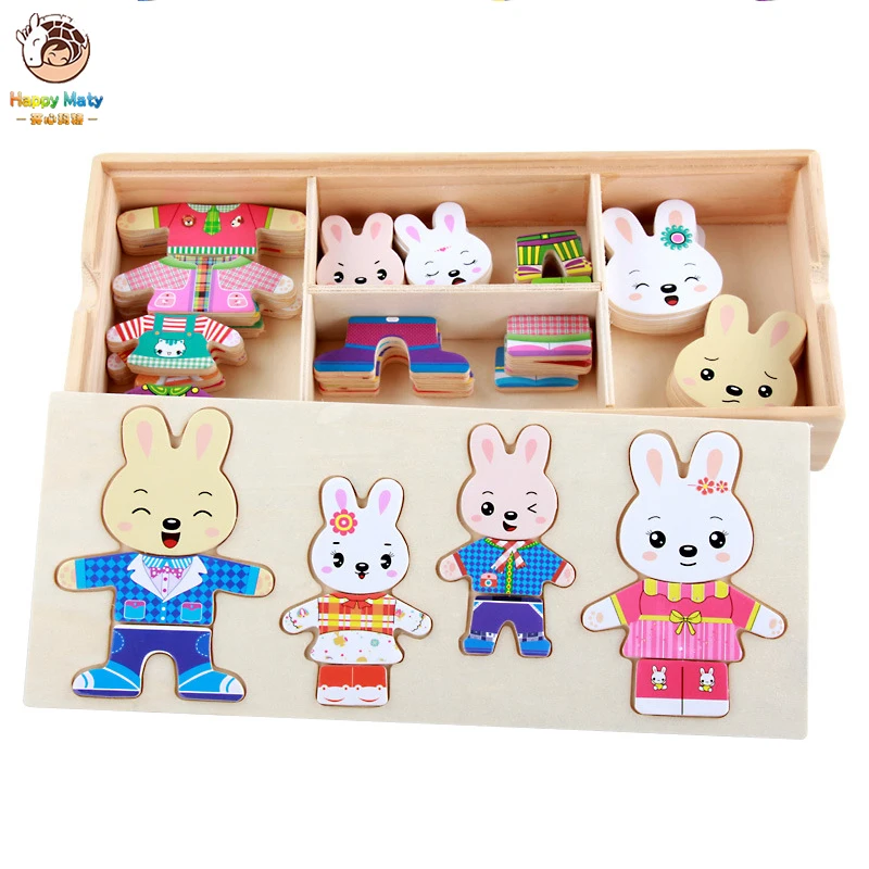 

1 Set Bunny Dressing Changing Clothes Wooden Matching Toy Wooden Box Storage Rabbit Shape Puzzle Toy Cartoon DIY For Children