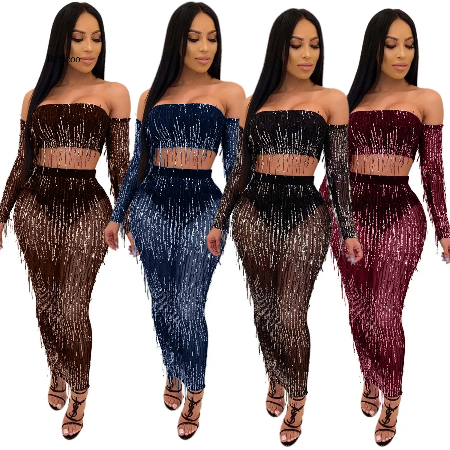

Solid Bling Bling Young Shinny High Street Off Shoulder Casual 2 Piece Full Sleeve Full Pant Young Sport Sets