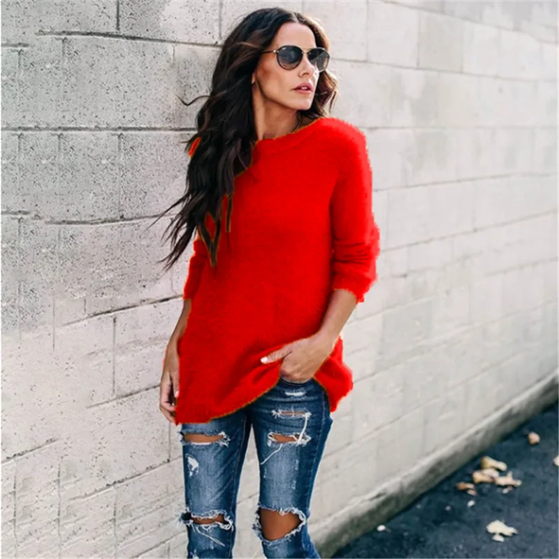 Женский свитер большие размеры Трикотаж с круглым вырезом пуловеры осень зима базовый свитер повседневные свободные пуловеры 5XL Женская зимняя одежда - Цвет: Красный