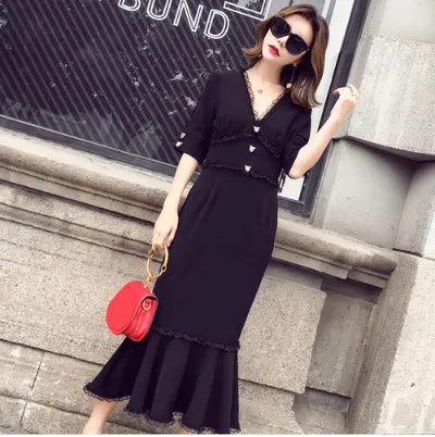 Новинка, стильное летнее платье, винтажное женское длинное платье, Vestidos Longo, элегантное кружевное лоскутное черное платье-труба, вечерние платья HJ483