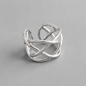 

INS Authentic S925 Sterling Silver FINE Jewelry Hollow Braid Cross Criss geometric adjust Ring Long TLJ780