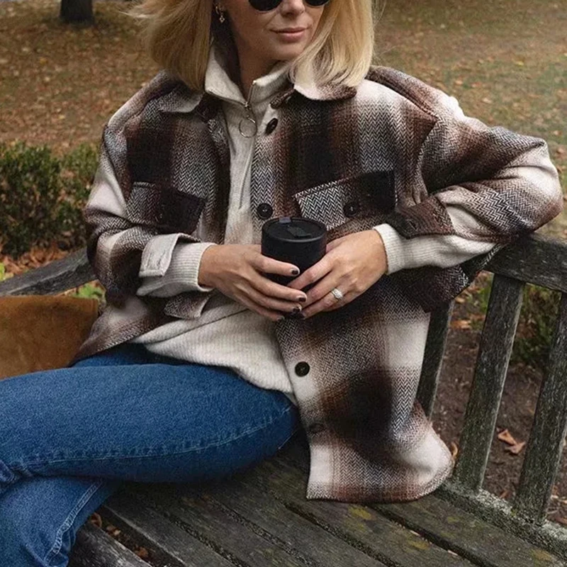 Goede Za Herfst Winter Vrouwen Plaid Wollen Shirt Plus Tweed Dikke Jas Warm Uitloper Vrouw Oversize Jassen Vrouwelijke Shirtwear Jas