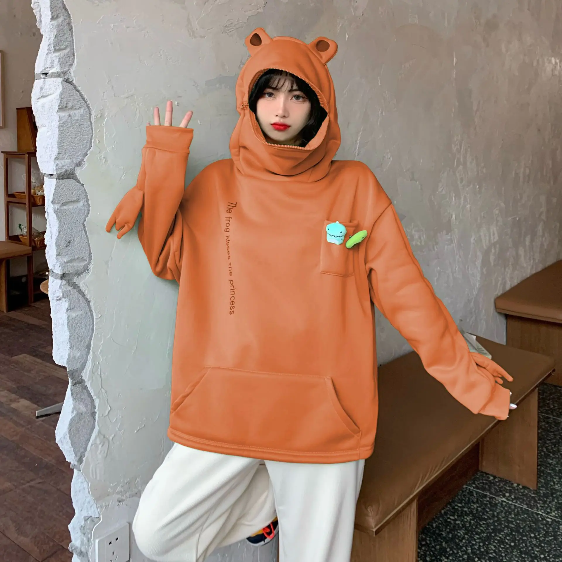 

Frog Hoodie Women Cute Funny Embroidery Letter Velvet Thickened Kawaii Harajuku Streetwear Christmas Hoodie