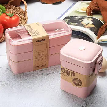 

900ML 3 Layer Wheat Straw Microwave Dinnerware Food Storage Container Lunch Box Bento Boxes Lunch Box With Soup Cup and Bag