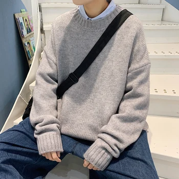 

2020 new men's solid color round neck loose casual sweater, Autumn and winter trend knitwear, Lazy wind sweater