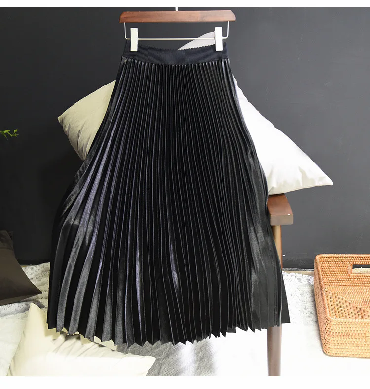 Женская элегантная плиссированная юбка металлического цвета эластичная высокая талия женская Юбка-миди высокого качества шикарные юбки Saias осень SK396 - Цвет: Черный