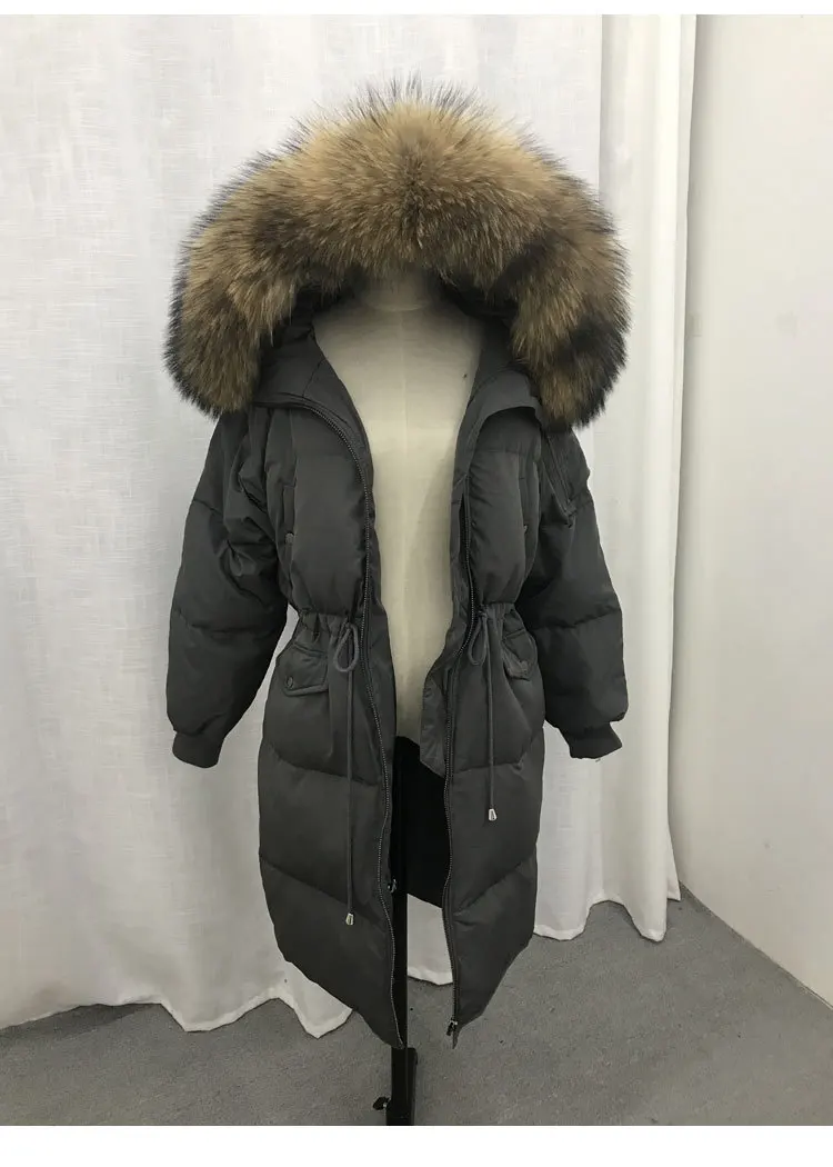 Зима, Южная Корея, Dongdaemun, большой меховой воротник, толстый пуховик средней длины, Женское пальто свободного кроя, большой размер