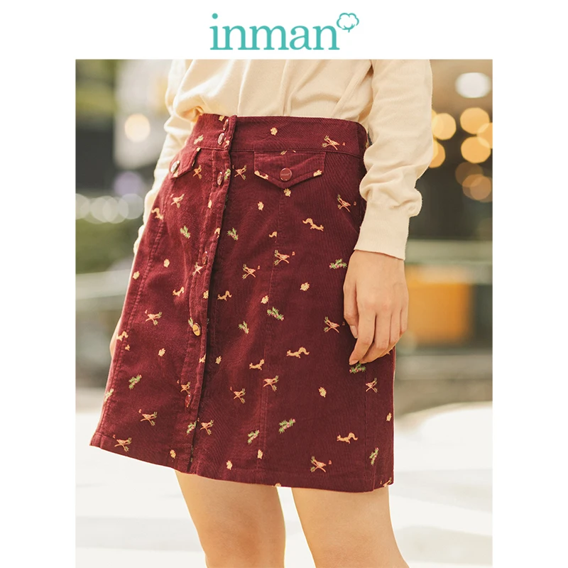 

INMAN Spring Autumn 100%Cotton Corduroy Cute Print A-line Minimalism All Matched Young Girl Women Short Skirt