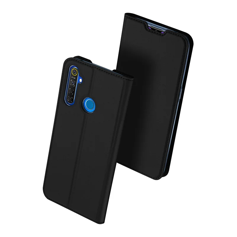 Чехол-книжка для OPPO Realme 5 и 5 Pro, чехол-кошелек с подставкой из искусственной кожи, Мягкий бампер, защитный чехол с отделением для кредитных карт - Цвет: Черный