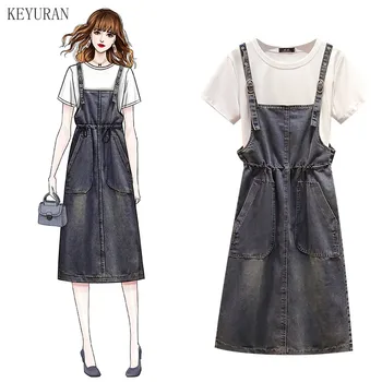 

Summer Two-piece Set 2020 New Girls White T-shirt + Strap Single Breasted Denim Dress 2 Piece Set Plus Size Women's Dress Suit