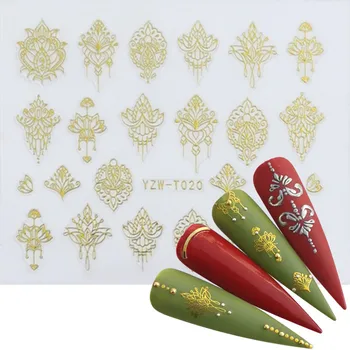 

FWC 1PC 3D Gold/Black Decals Nail Sticker DIY Flower Full Gel Polish Decorations Nail Art Manicure