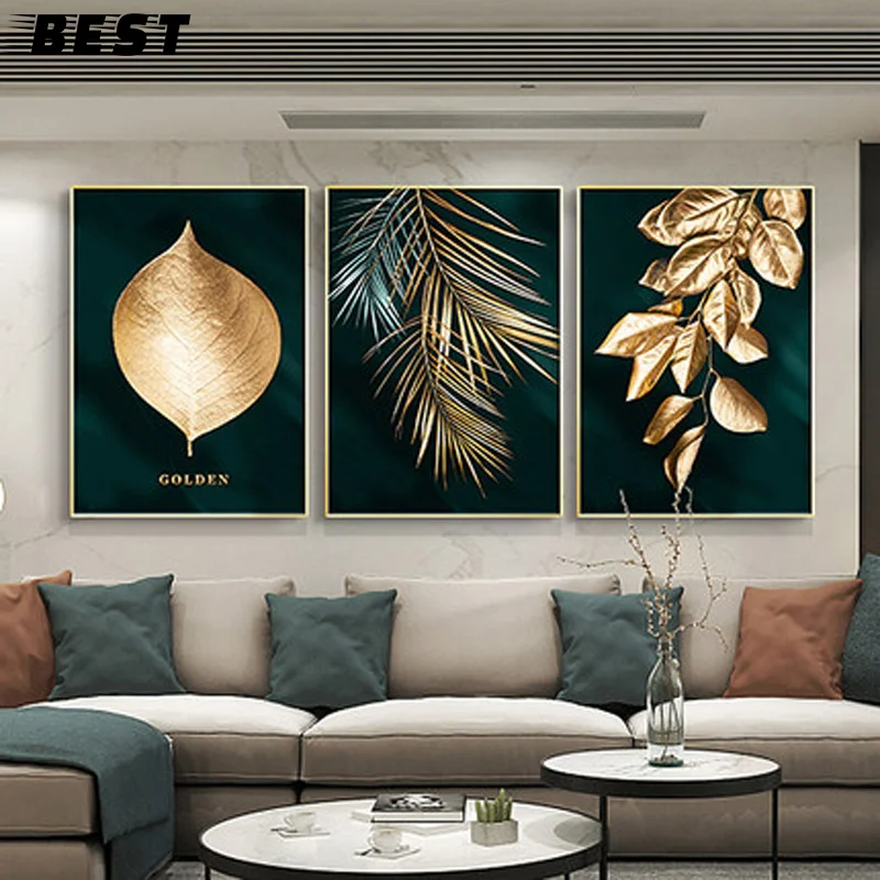Abstract Golden Plant Leaves Picture Wall Poster Modern Paint Canvas Style Q3F5