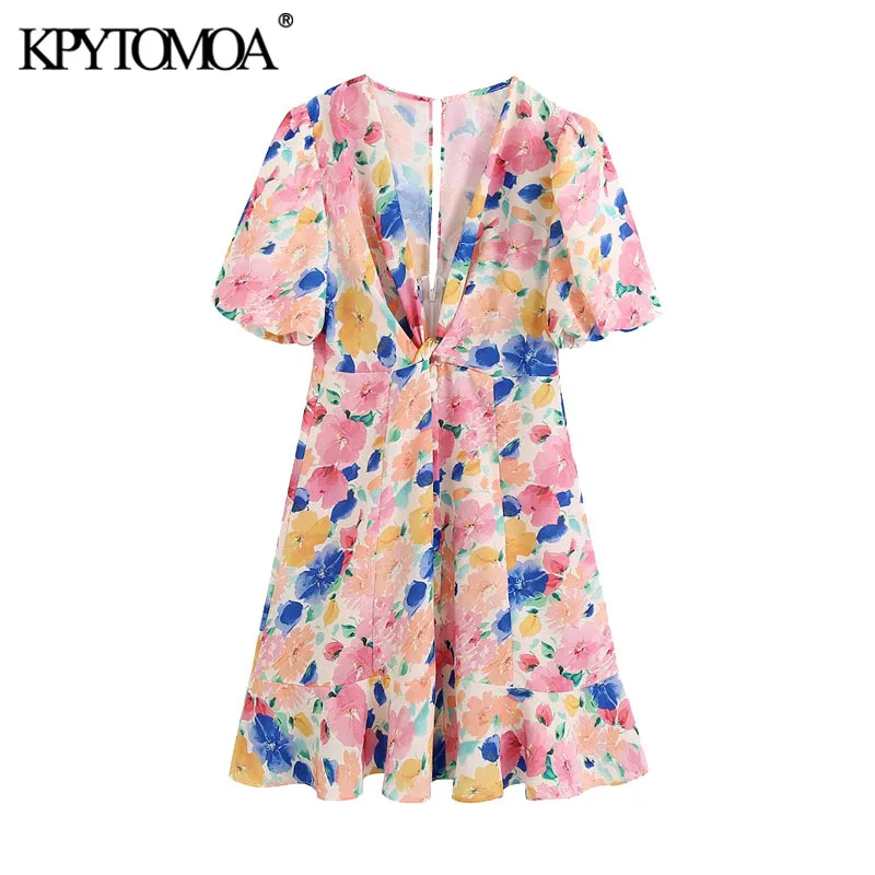 KPYTOMOA Women 2020 Fashion With Knot Floral Print Ruffled Mini Dress Vintage Short Sleeve Back Zipper Female Dresses Vestidos KPYTOMOA Women 2020 Fashion With Knot Floral Print Ruffled Mini Dress Vintage Short Sleeve Back Zipper Female Dresses Vestidos