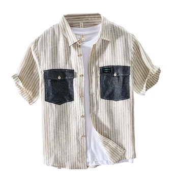 

Men Cotton Linen Shirts Stripe Men Printed Casual Slim Fit Hip Hop Shirt Mens Spring Summer Casual Cotton Linen Shirts