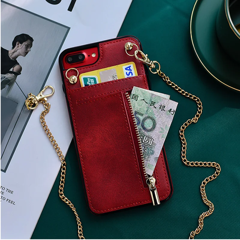 Кожаный чехол-кошелек на молнии для iphone 11 pro max XS MAX XR X 7 8 6 6s plus, роскошная сумка для телефона на плечо с цепочкой
