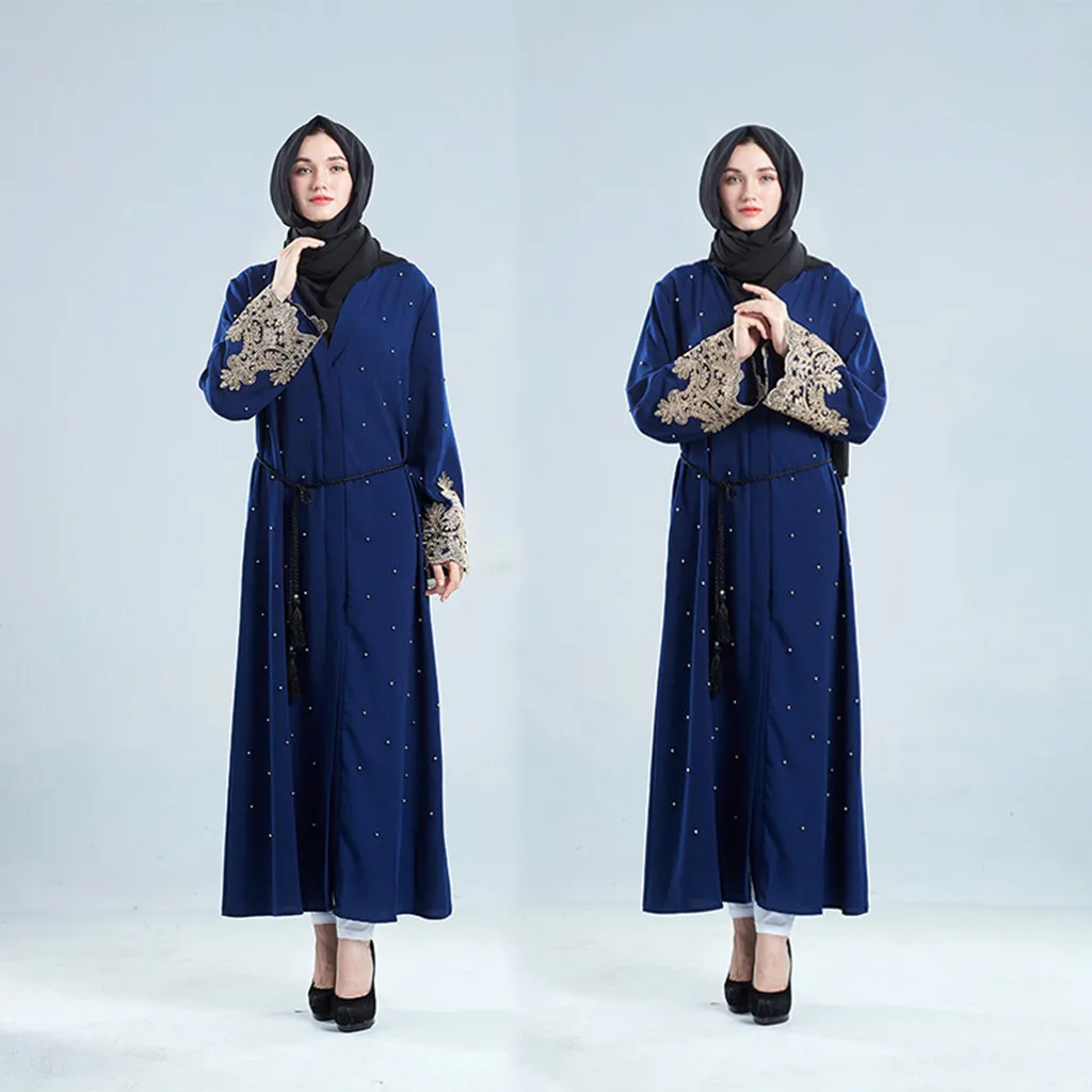 KANCOOLD Ramadan Muslim Women's Cardigan Robe Embroidered Handmade Beaded Dresses Beaded Women's Dress Abaya